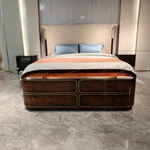 Amber High-Gloss Wood Bed End Bench with Metal Inlay Accents and Four Drawers